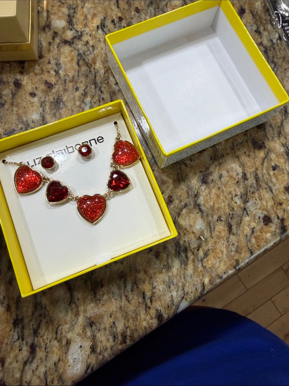 Liz Claiborne Gold-Tone Red Glitter Heart Necklace with Stud Earrings